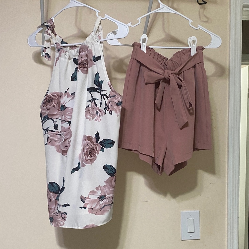 Floral Halter Top and Mauve Shorts Set